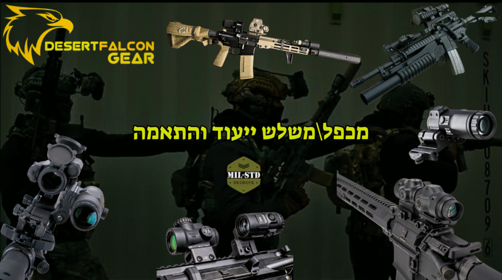 מכפיל טווח (Magnifier) מחובר לכוונת השלכה (Red Dot) על גבי רובי AR-15 טקטיים שונים.נץ המדבר.