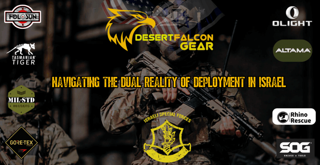 Collage of essential deployment gear for US Forces and CMCC in Israel: Hydration systems, combat pants, and logistics equipment - Desert Falcon Gear.