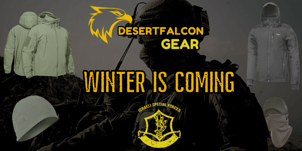 קולאז' של ציוד חורף טקטי, כולל מעיל סופטשל, כובע גרב ולוחם, עם כיתוב WINTER IS COMING - המדריך של נץ המדבר