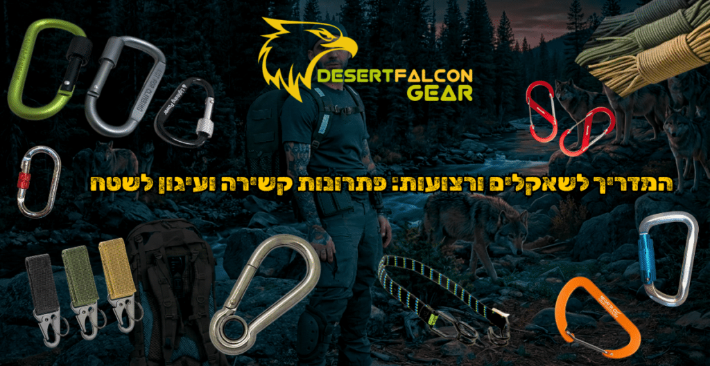 אוסף פתרונות קשירה ועיגון לשטח כולל שאקלים טקטיים, תפסי MOLLE, טבעות אבטחה, רצועות מתיחה ומיתרי צניחה פרוסים על הקרקע ליד תרמיל צבאי גדול. הציוד זמין בחנות נץ המדבר שדרות ללוחמים ומטיילים.
